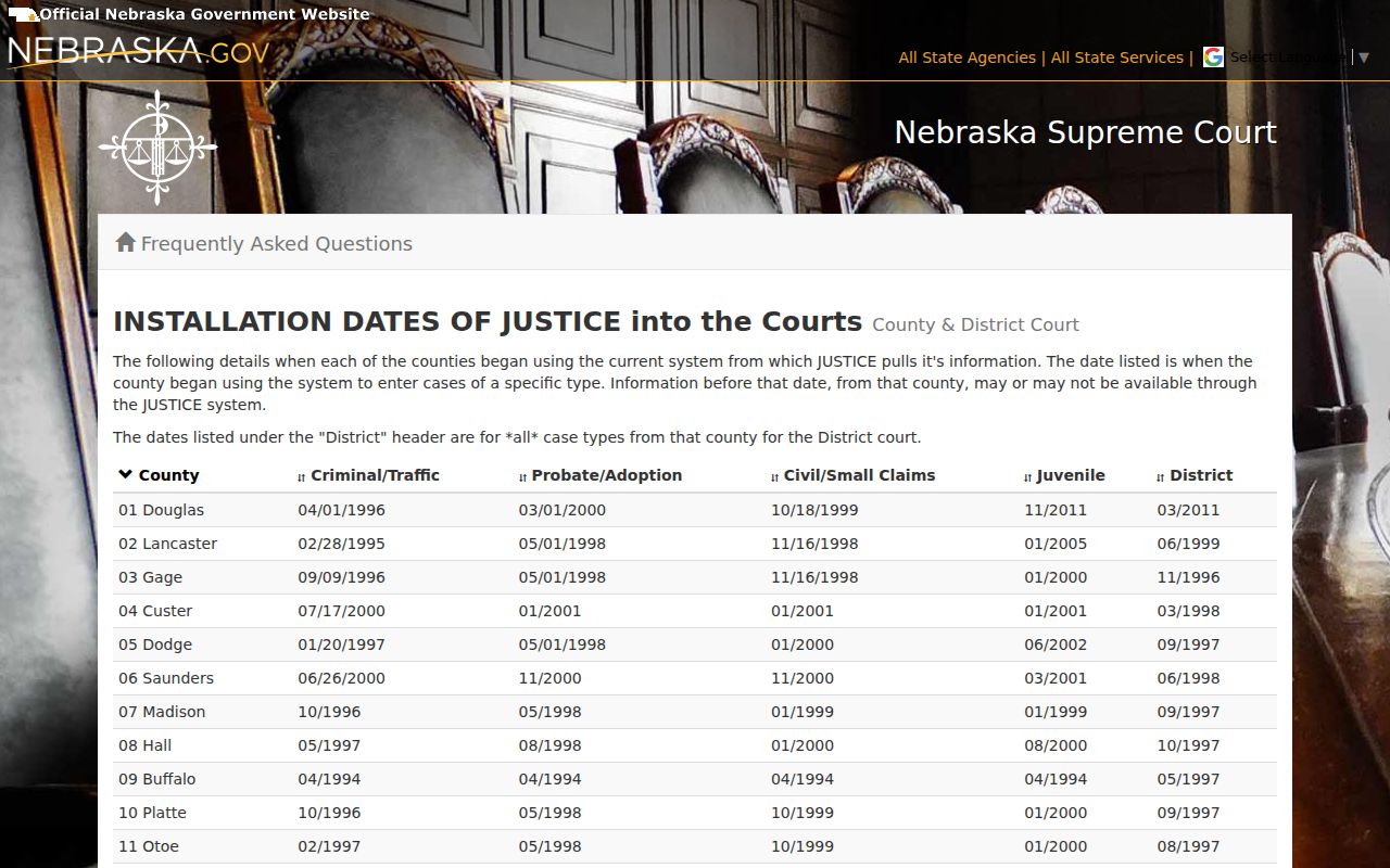 Antelope County case search image of Nebraska JUSTICE installation information