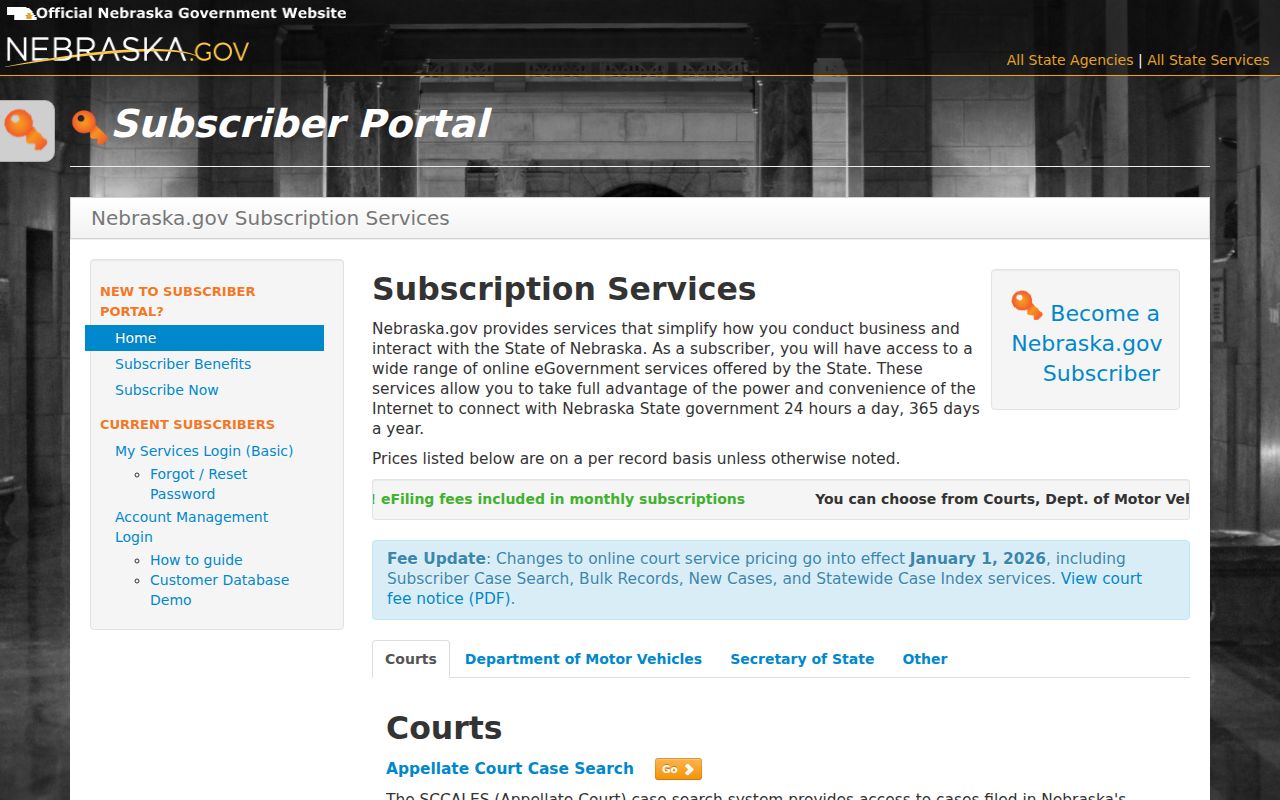Antelope County docket search image of Nebraska JUSTICE subscriber fees