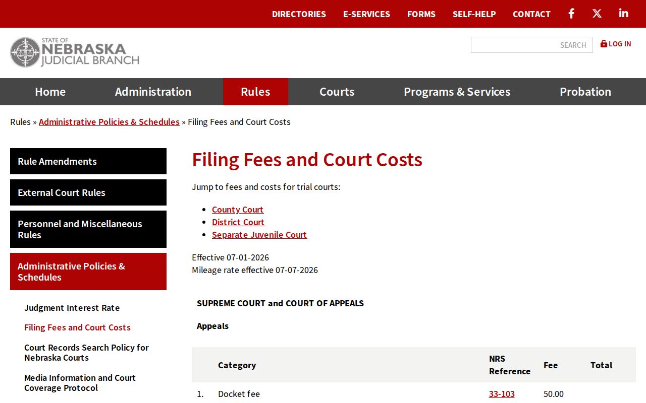 Antelope County civil docket Nebraska filing fees and court costs schedule