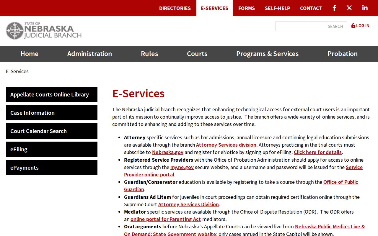 Antelope County court schedule Nebraska Judicial Branch e-services page