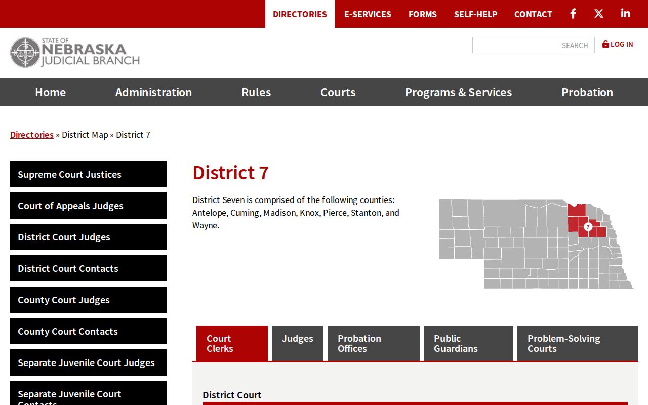 Antelope County court schedule Nebraska District 7 directory map