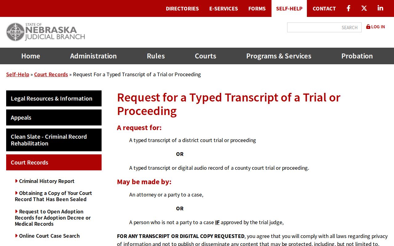 Antelope County court records image of Nebraska transcript request information