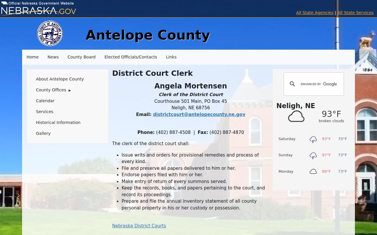 Antelope County court docket District Court Clerk information