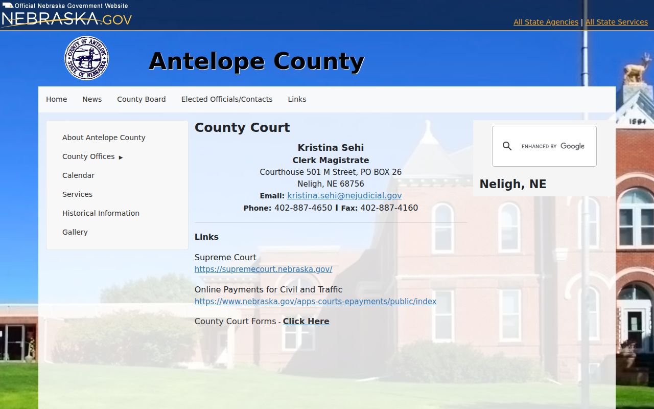 Antelope County court docket County Court Clerk contact